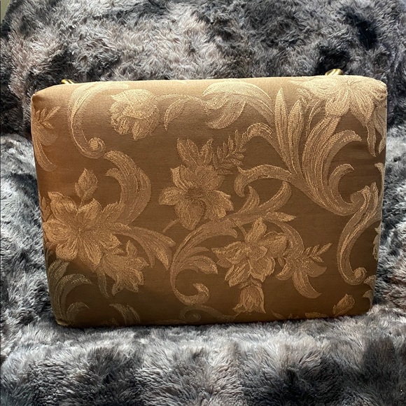 Upholstered Floral Accent foot stool in Tan with Gold/Copper colored Legs - Picture 3 of 16